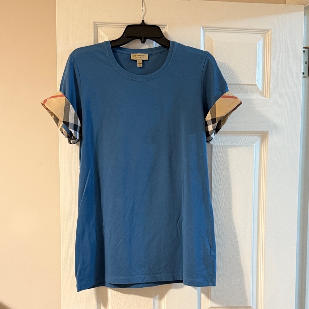 Burberry Blue Tee with Plaid Sleeves